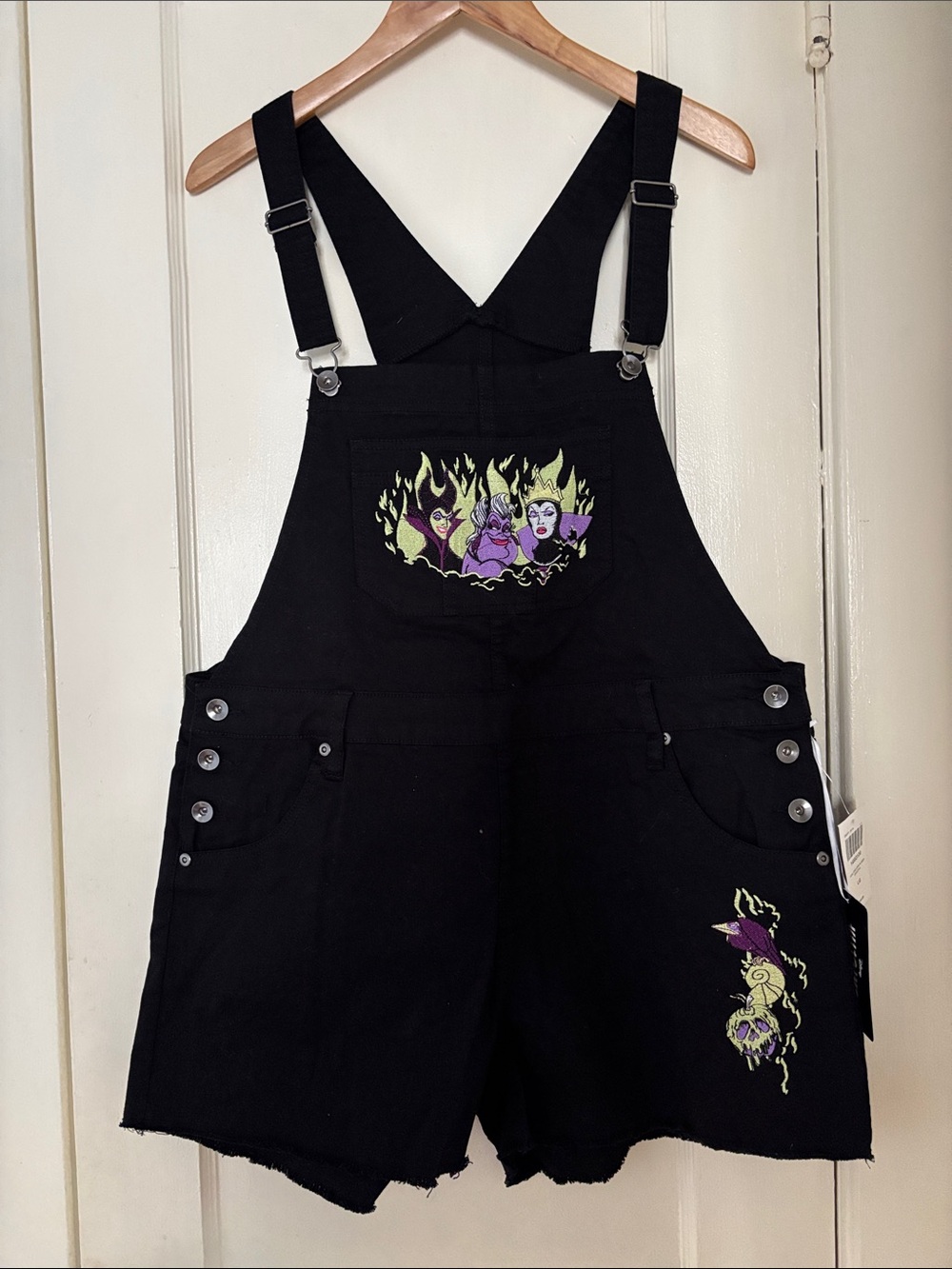 NWT Disney Villain embroidered Short Overalls with Villain Motif